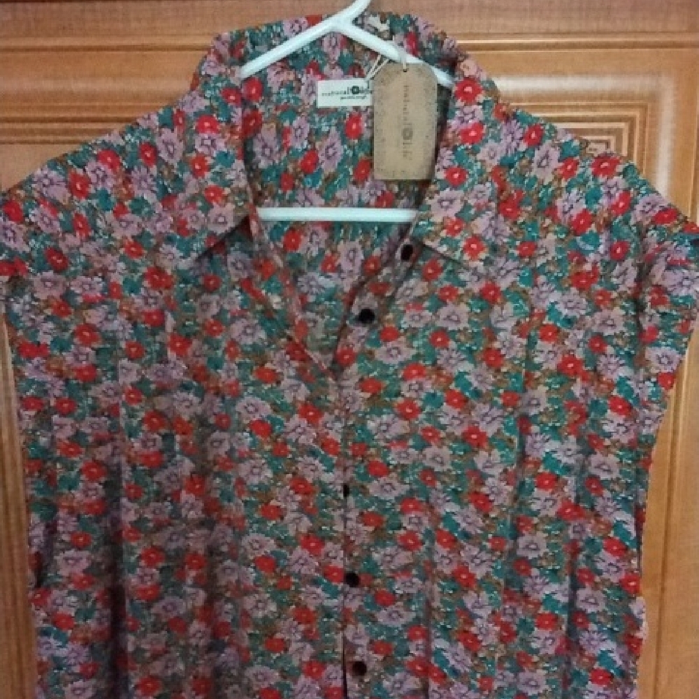 NATURAL LIFE Red and Green Floral Button Down Shirt Dress